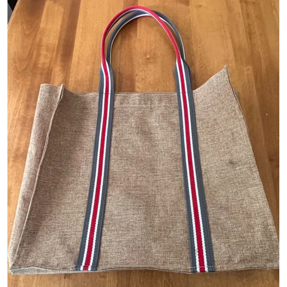 Apple & Bee for Junior League Jute Tote Market Bag Shopper Striped Double Handle